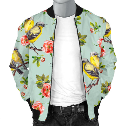 Bird with Red Flower Print Pattern Men Bomber Jacket