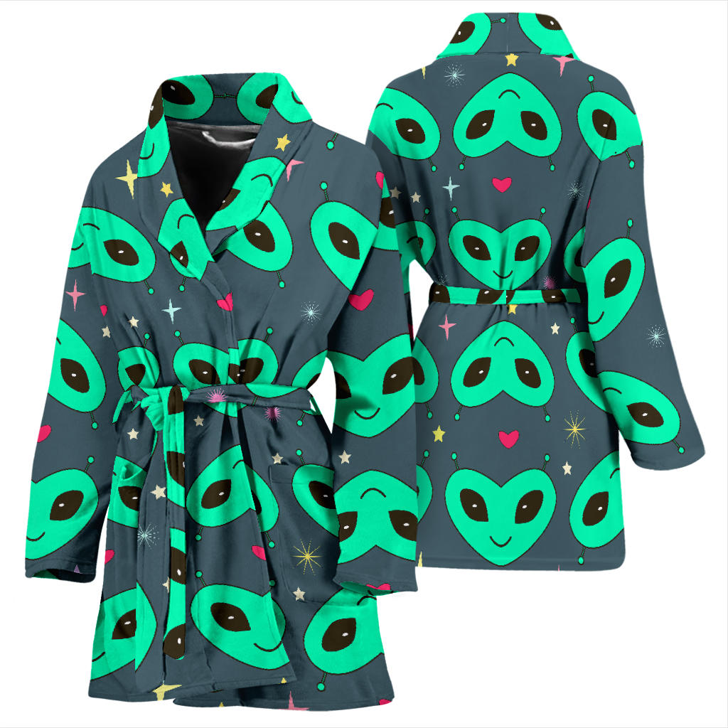 Alien Head Heart Pattern Print Design 03 Women Bathrobe