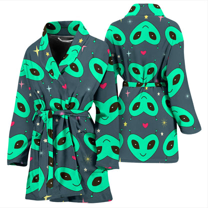 Alien Head Heart Pattern Print Design 03 Women Bathrobe