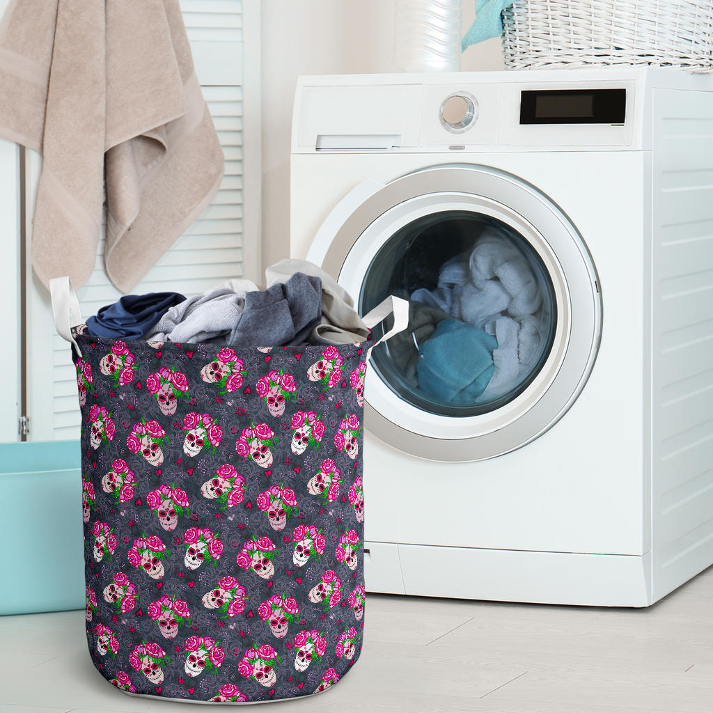 Sugar Skull Pink Rose Themed Print Laundry Basket