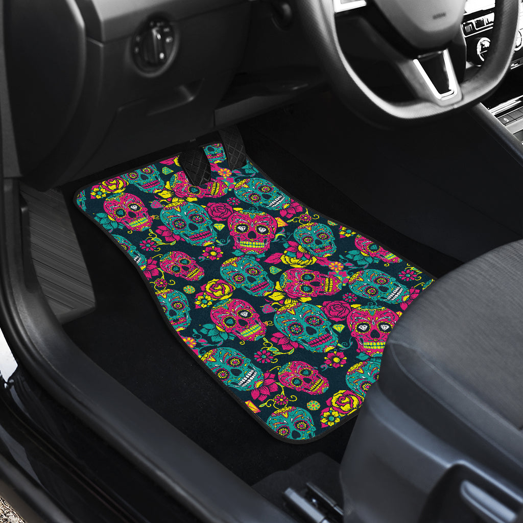 Sugar Skull Floral Design Themed Print Car Floor Mats Front Back