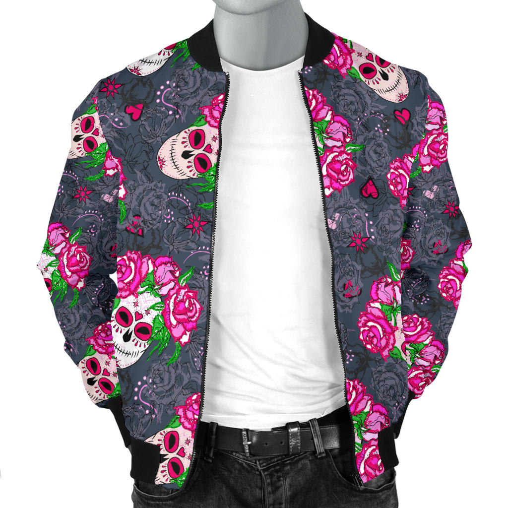 Sugar Skull Pink Rose Themed Print Men Bomber Jacket