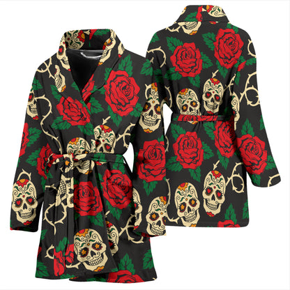 Sugar Skull Red Rose Print Design LKS301 Women Bathrobe