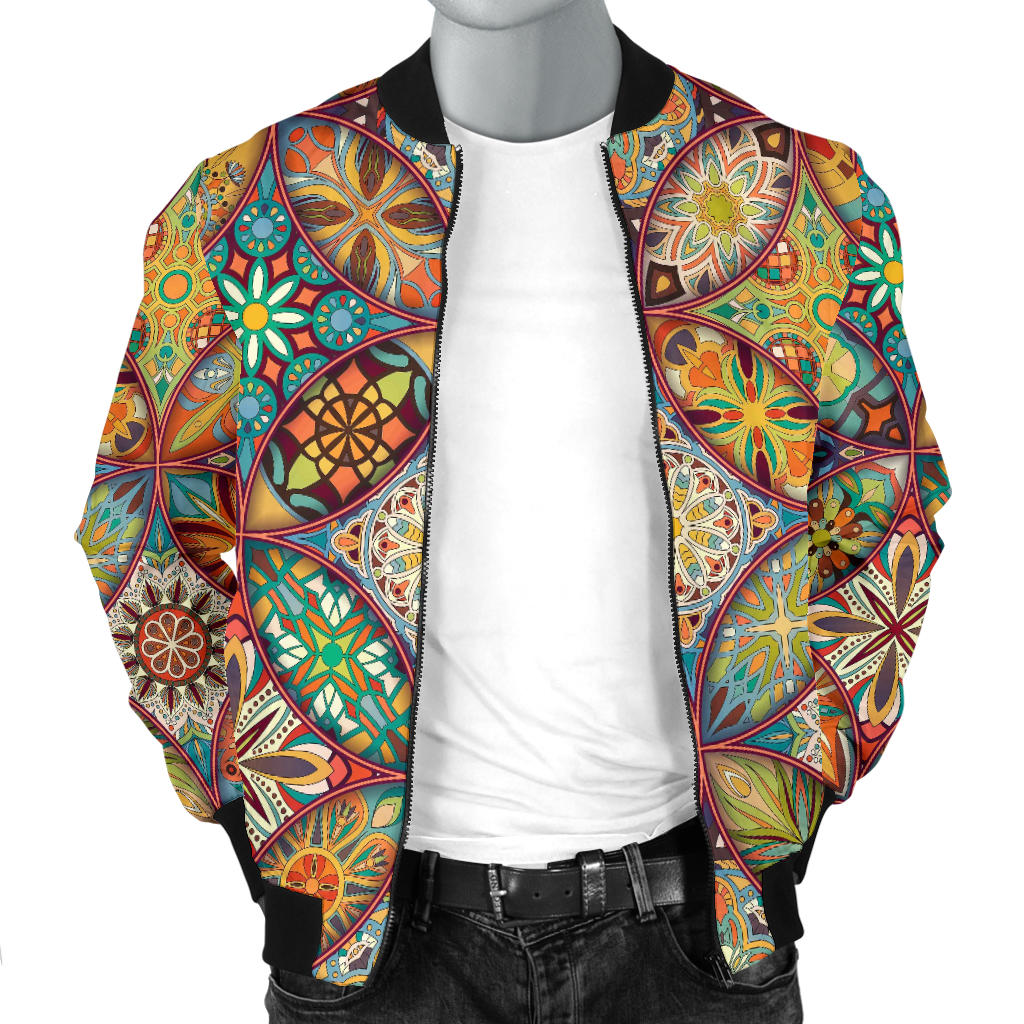 Mandala Flower Themed Design Print Men Bomber Jacket