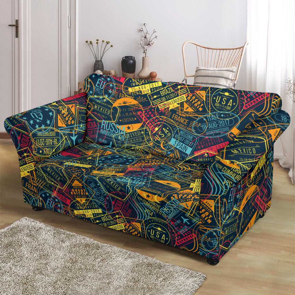 Travel Stamp Colorful Print Design LKS304 Loveseat Couch Slipcover