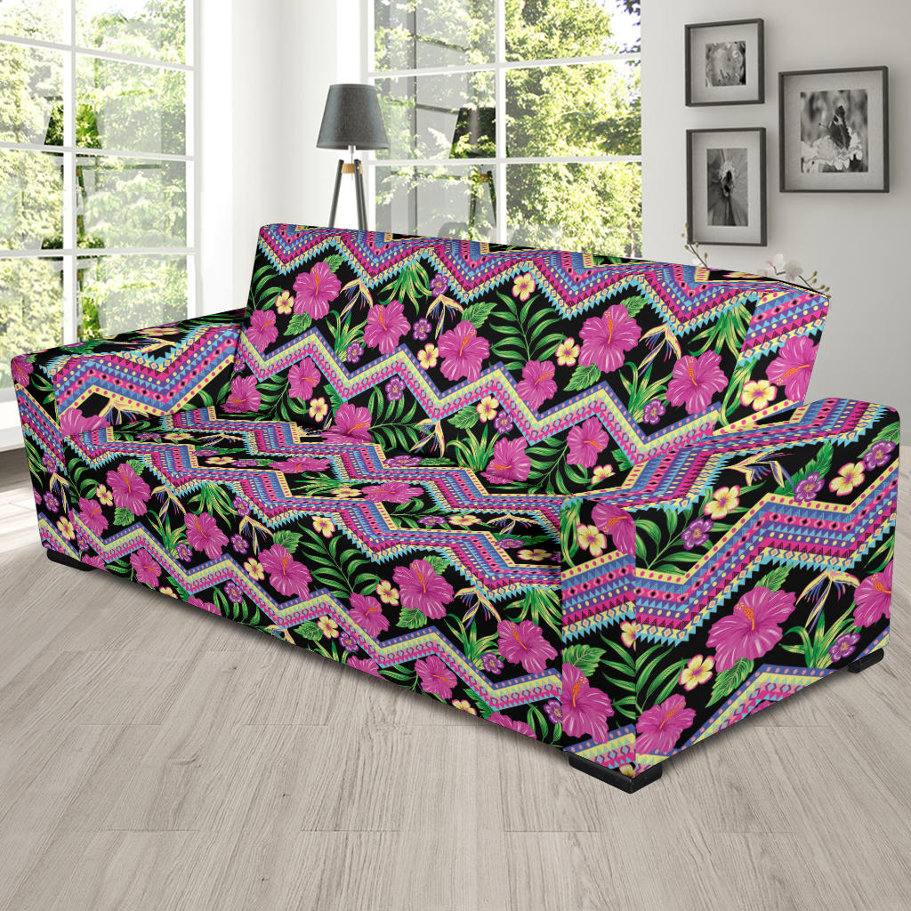 Hibiscus Pink Zigzag Line Pattern Design LKS307 Sofa Slipcover