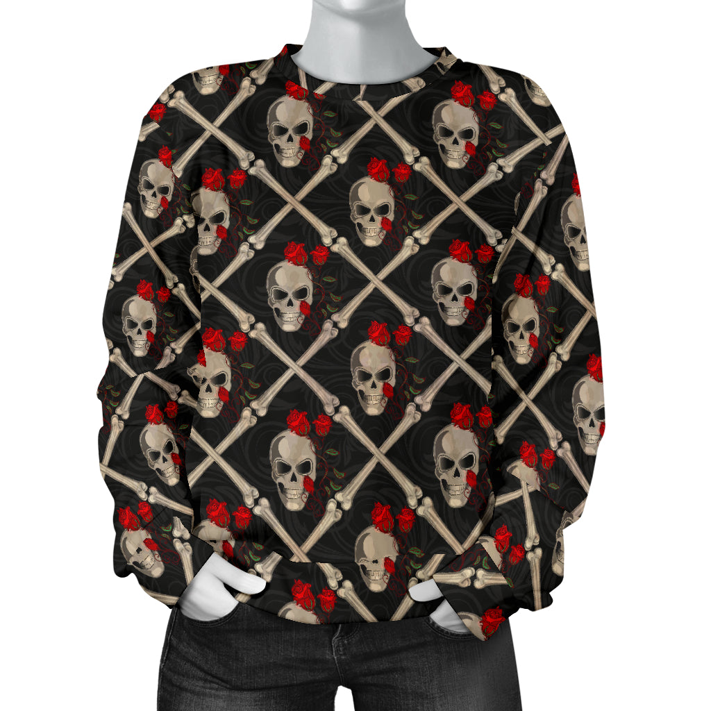 Skull Roses Bone Design Themed Print Women Long Sleeve Sweatshirt