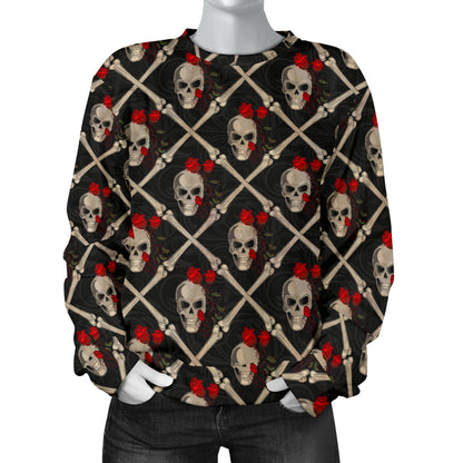 Skull Roses Bone Design Themed Print Women Long Sleeve Sweatshirt
