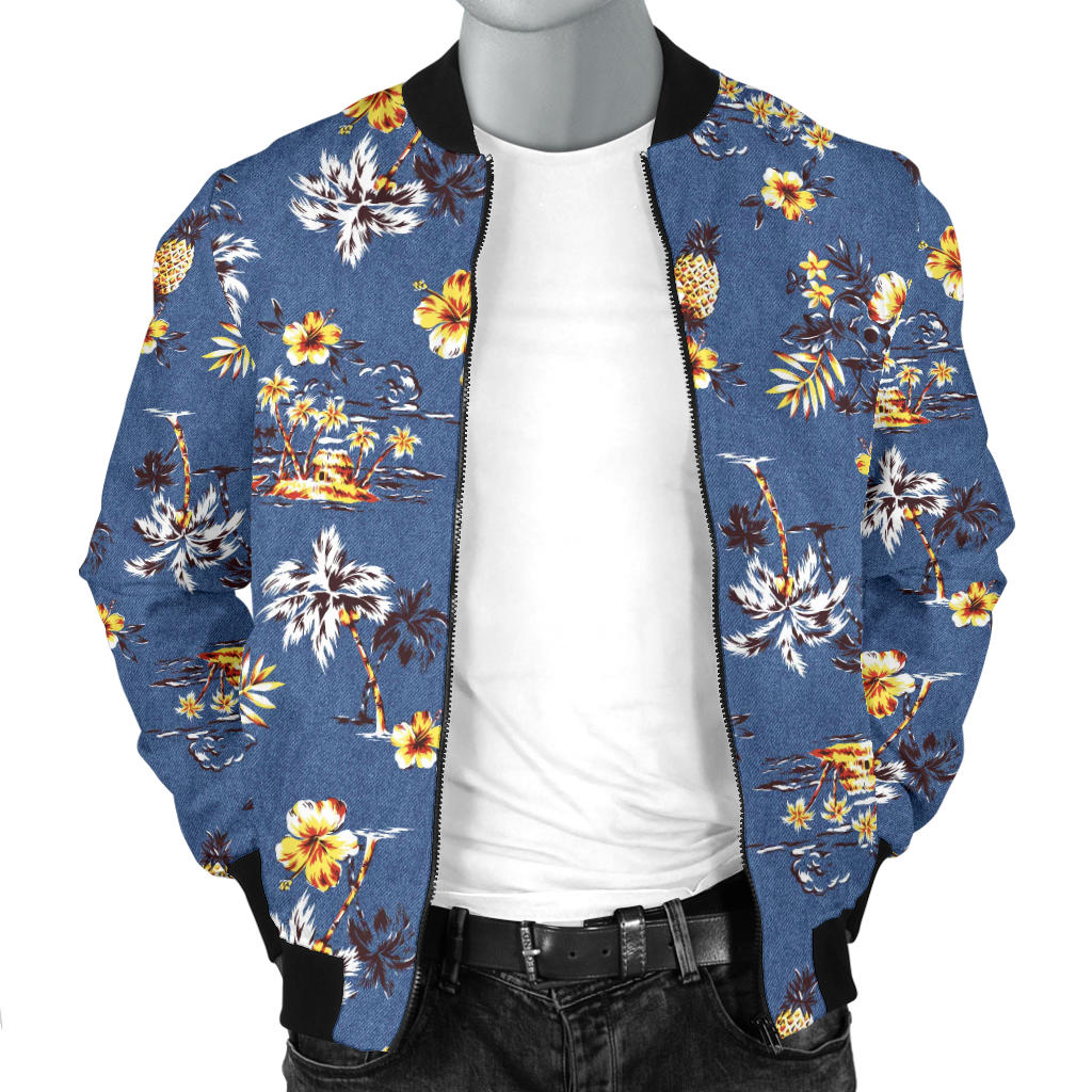 Hawaiian Flower Blue Print Men Bomber Jacket