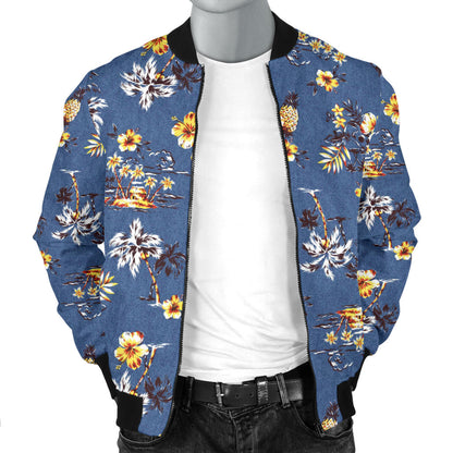 Hawaiian Flower Blue Print Men Bomber Jacket