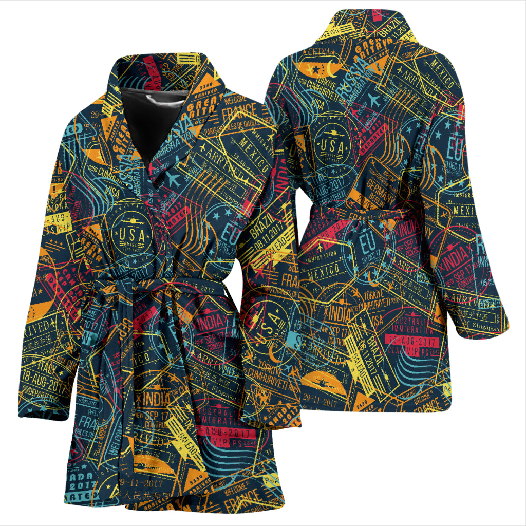 Travel Stamp Colorful Print Design LKS304 Women Bathrobe