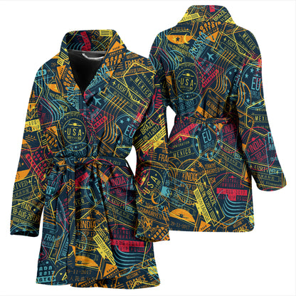 Travel Stamp Colorful Print Design LKS304 Women Bathrobe