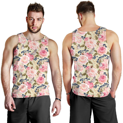 Floral Pink Butterfly Print Men Tank Top