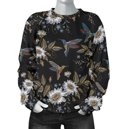 Hummingbird with Embroidery Themed Print Women Long Sleeve Sweatshirt