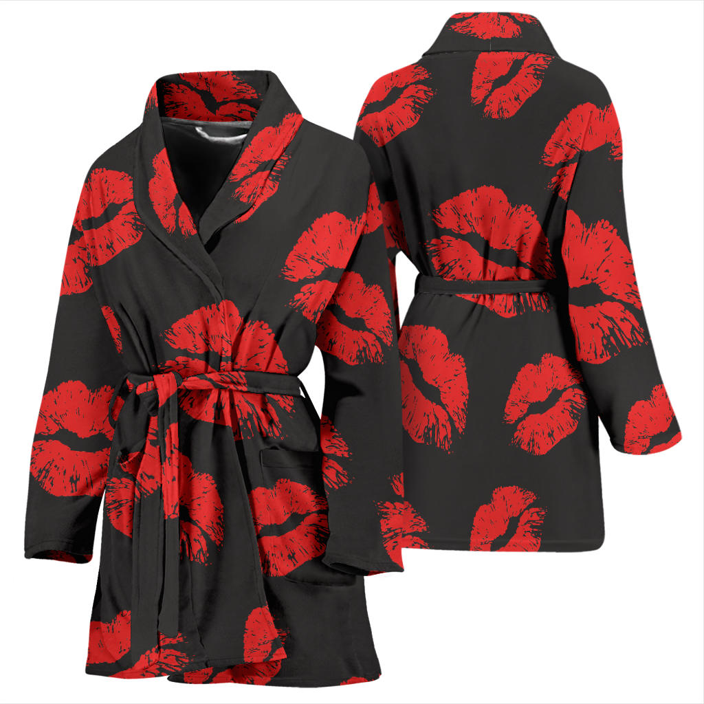 Lip Red Pattern Print Design 02 Women Bathrobe