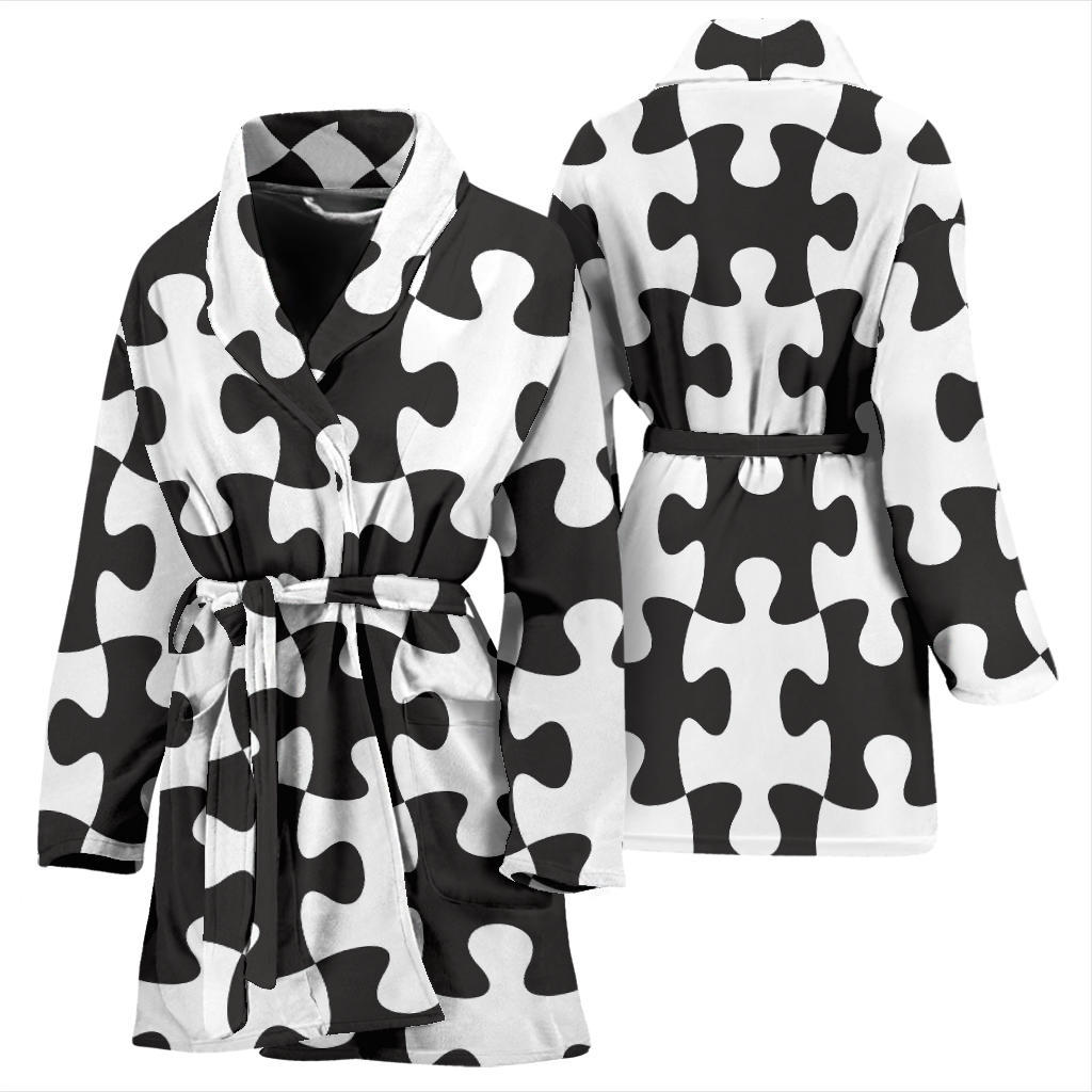 Puzzle Black White Pattern Print Design A02 Women Bathrobe