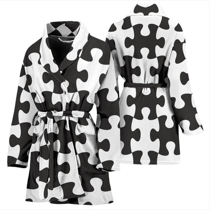 Puzzle Black White Pattern Print Design A02 Women Bathrobe