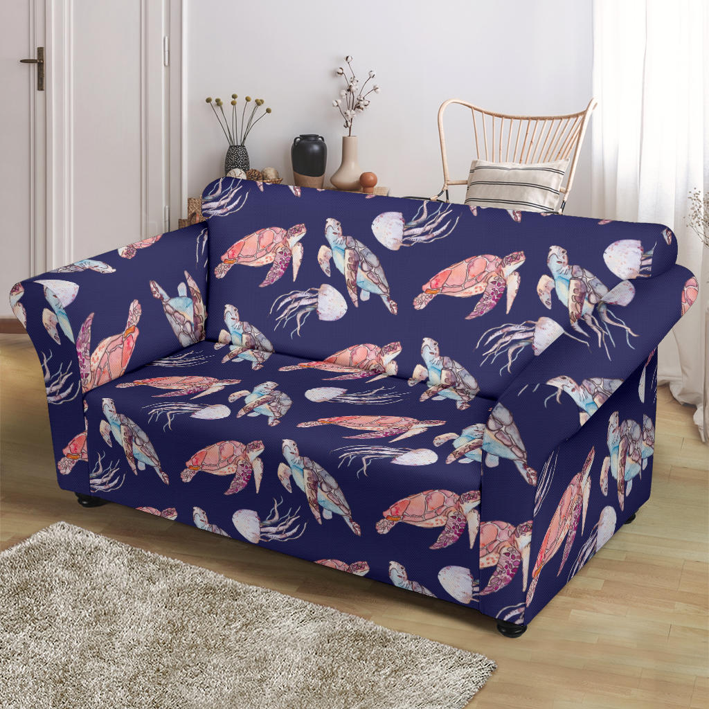 Sea Turtle With Jelly Fish Print Design LKS301 Loveseat Couch Slipcover