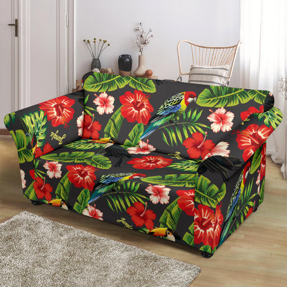 Hibiscus Red With Parrotprint Design LKS303 Loveseat Couch Slipcover