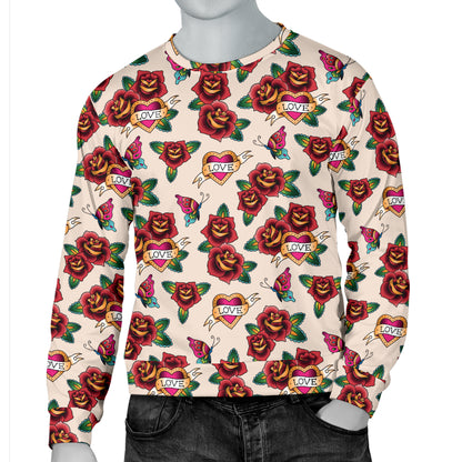 Old School Tattoo Rose Pattern Men Long Sleeve Sweatshirt