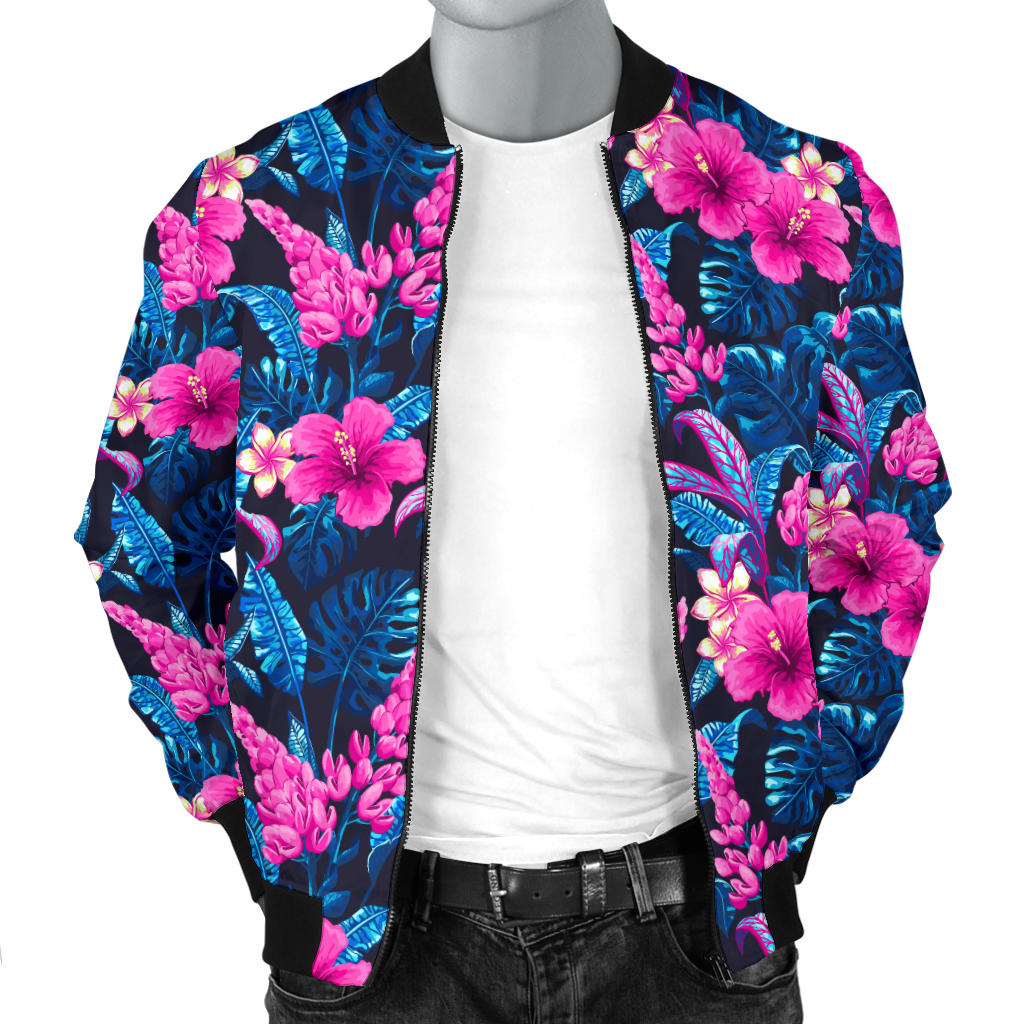 Tropical Folower Pink Themed Print Men Bomber Jacket