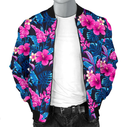 Tropical Folower Pink Themed Print Men Bomber Jacket