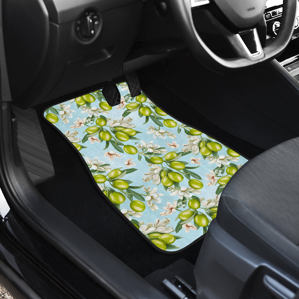Elegant Olive Floral Print Car Floor Mats Front Back