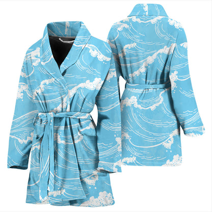 Ocean Wave Pattern Print Design A01 Women Bathrobe