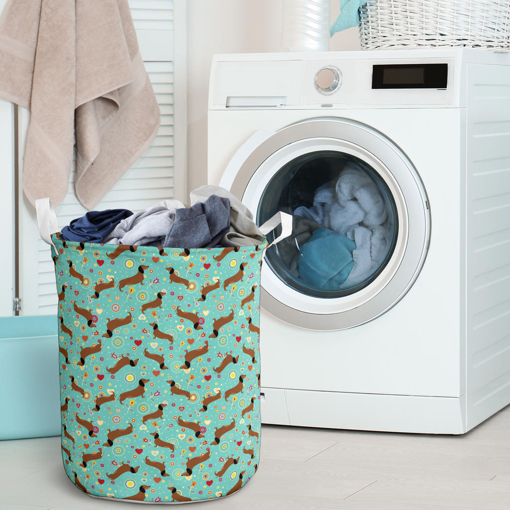 Dachshund with Floral Print Pattern Laundry Basket