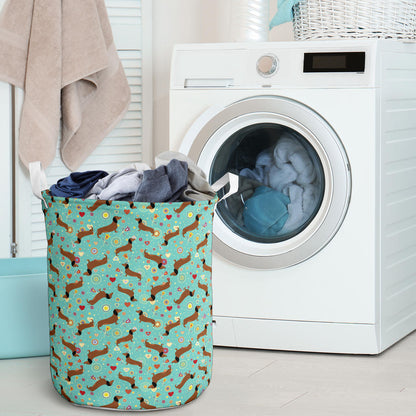 Dachshund with Floral Print Pattern Laundry Basket