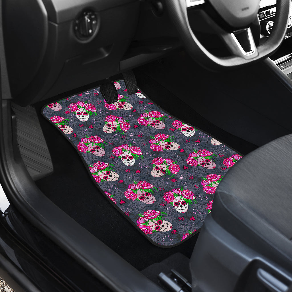Sugar Skull Pink Rose Themed Print Car Floor Mats Front Back