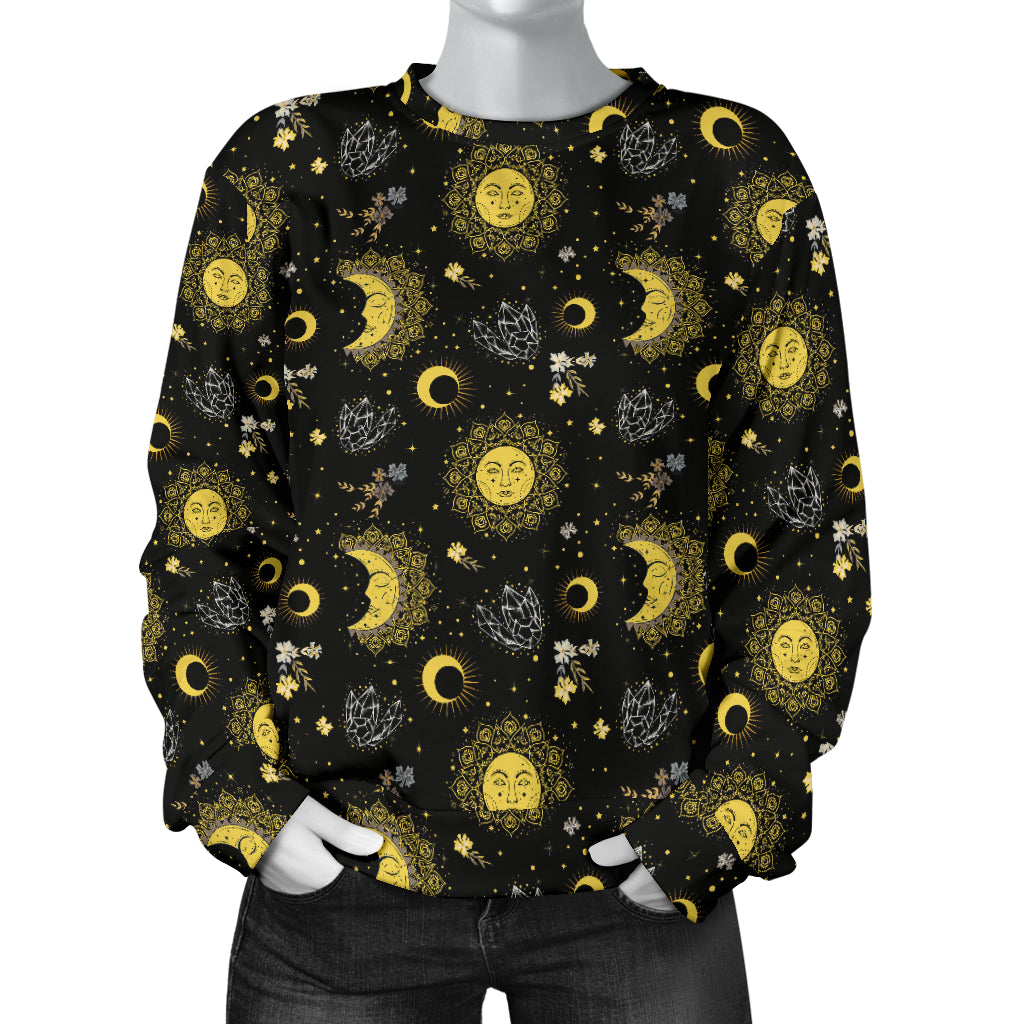 Sun Moon Golden Design Themed Print Women Long Sleeve Sweatshirt