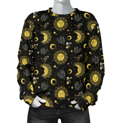 Sun Moon Golden Design Themed Print Women Long Sleeve Sweatshirt