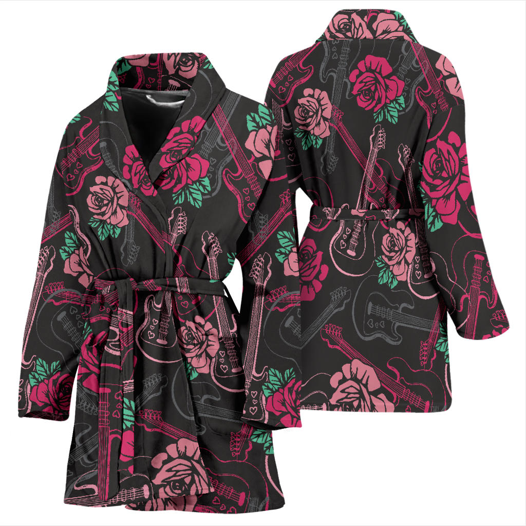 Bass Guitar Pink Rose Pattern Print Design 01 Women Bathrobe