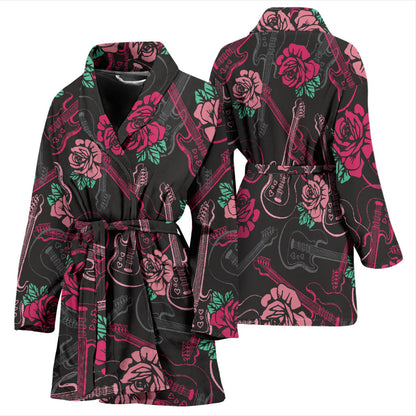 Bass Guitar Pink Rose Pattern Print Design 01 Women Bathrobe