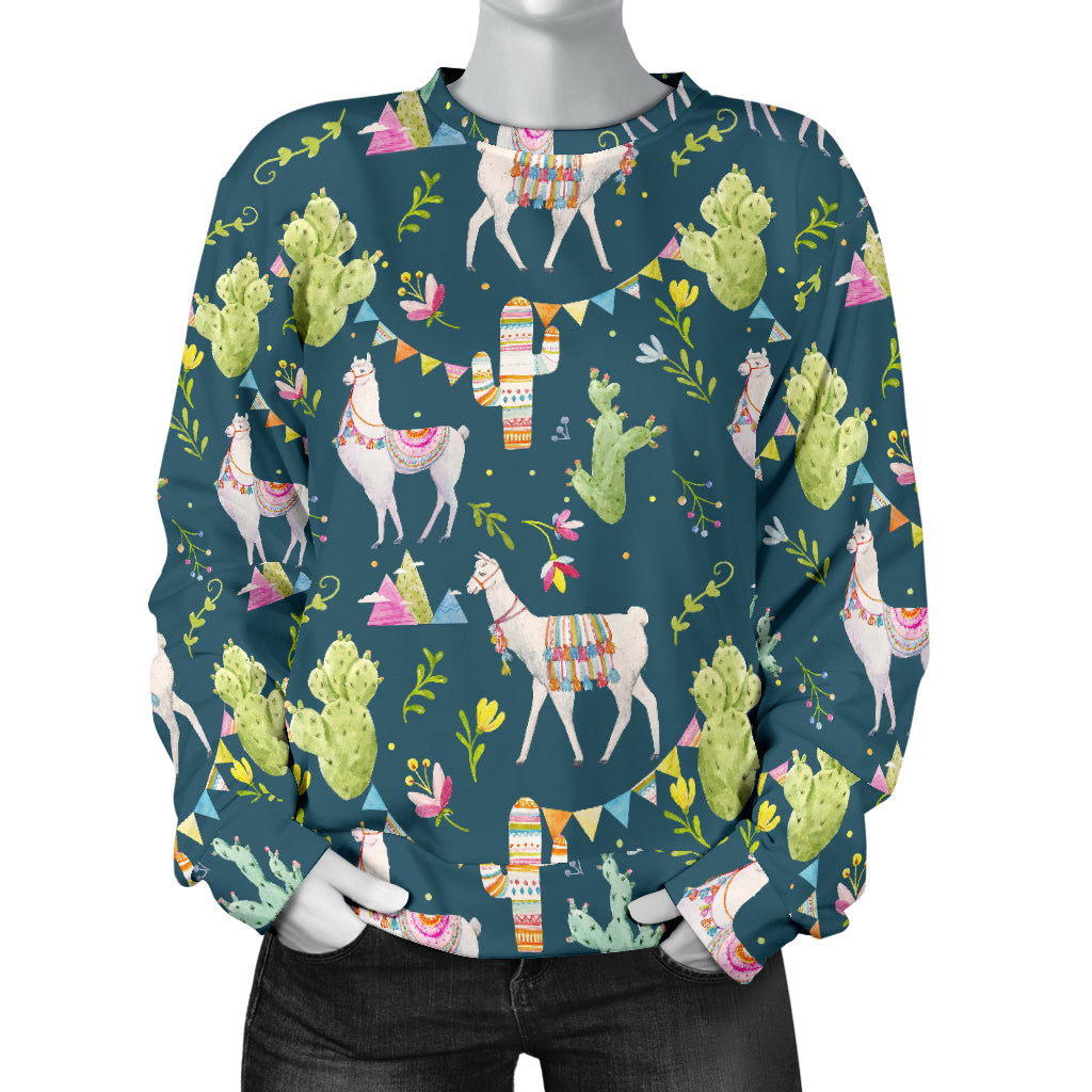 Llama with Cactus Design Print Women Long Sleeve Sweatshirt