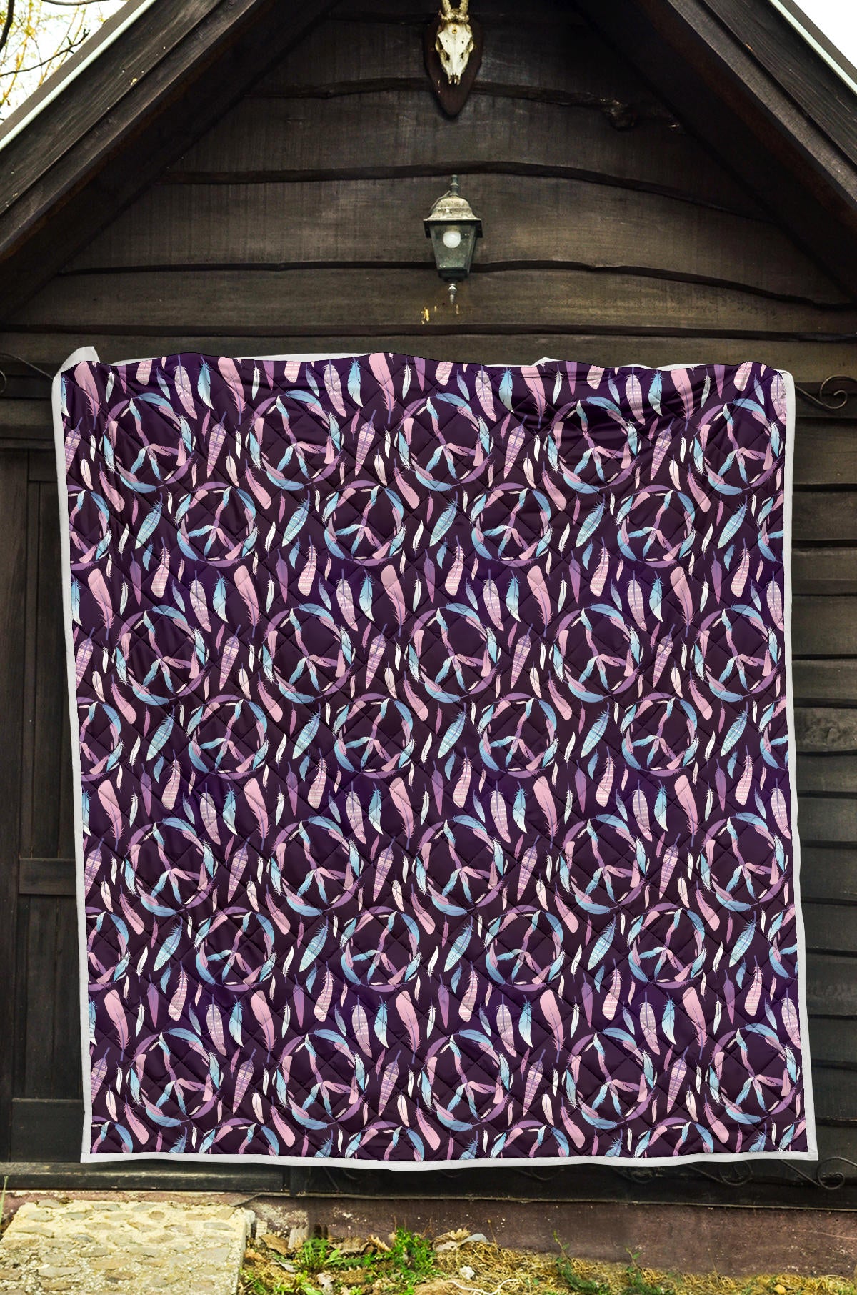 Peace Sign Feather Design Print Quilt Bedspread