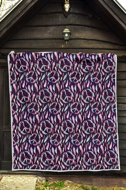 Peace Sign Feather Design Print Quilt Bedspread