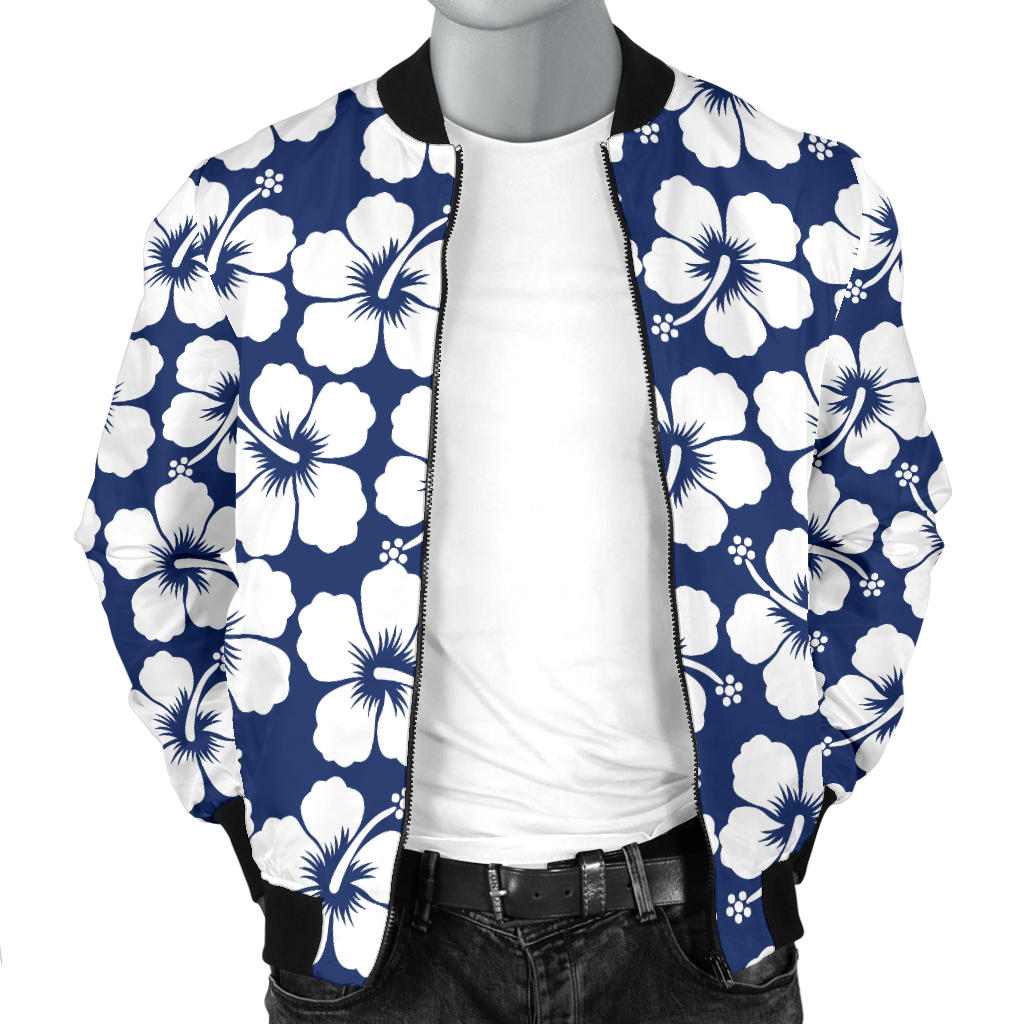 Hibiscus Blue Hawaiian Flower Pattern Men Bomber Jacket