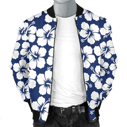 Hibiscus Blue Hawaiian Flower Pattern Men Bomber Jacket