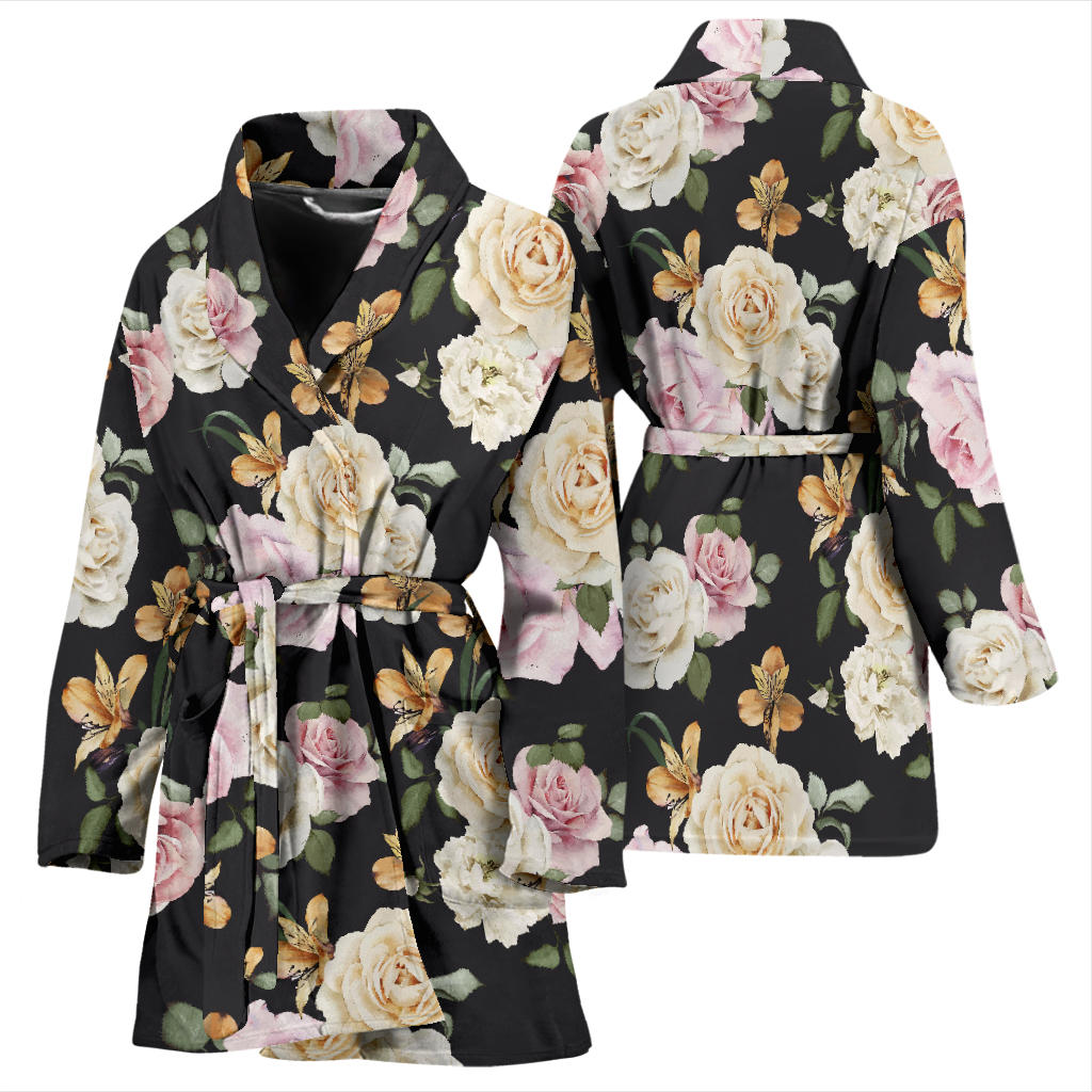 Rose Pattern Print Design A01 Women Bathrobe