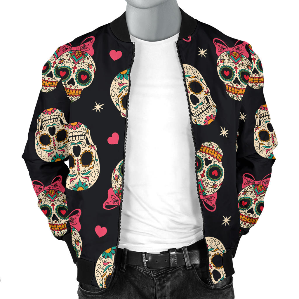 Sugar Skull Pink Bow Themed Print Men Bomber Jacket