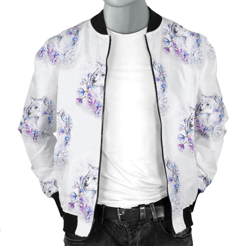 Wolf with Flower Print Design Men Bomber Jacket