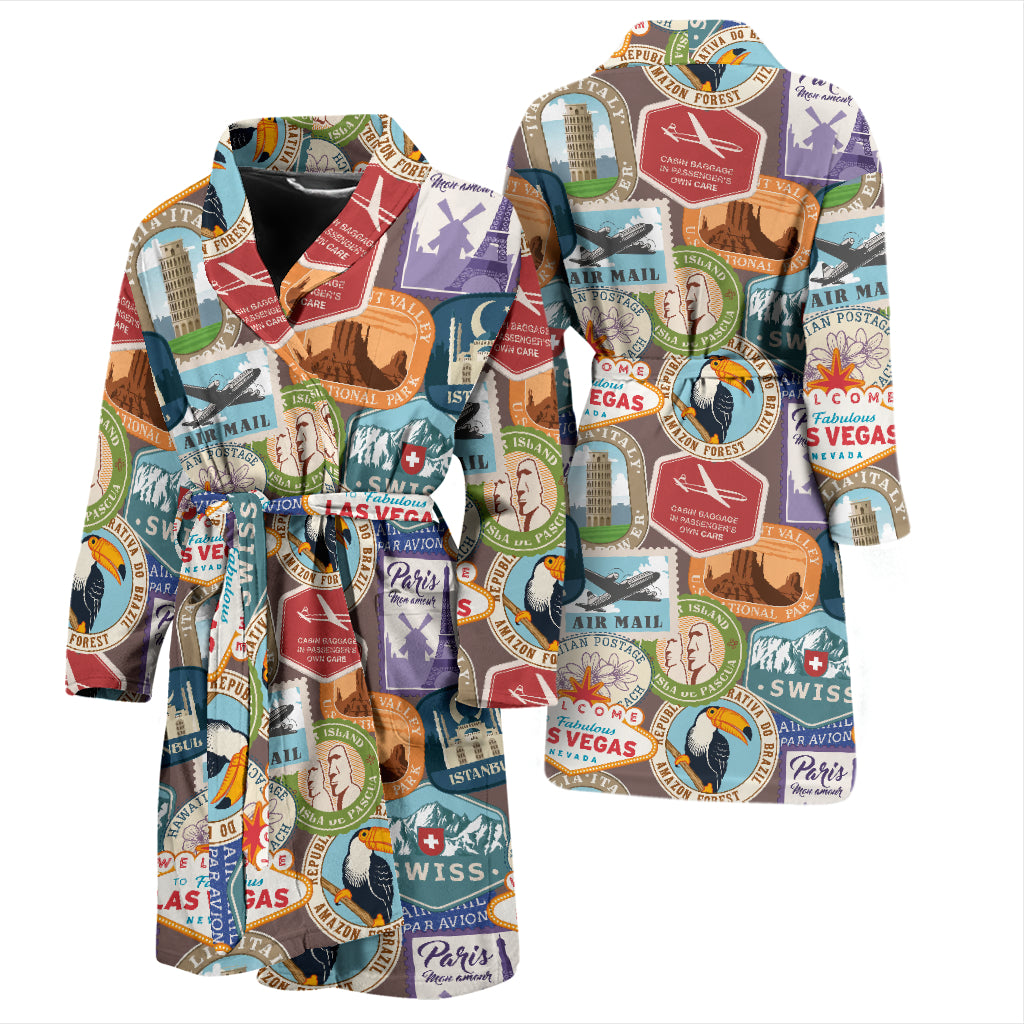 Travel Stamp Print Design LKS301 Men Bathrobe