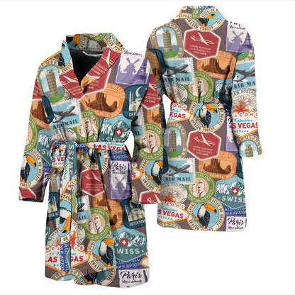 Travel Stamp Print Design LKS301 Men Bathrobe