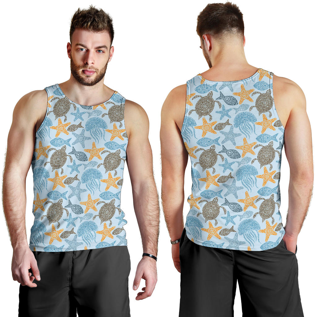 Polynesian Jellyfish Turtle Print Men Tank Top