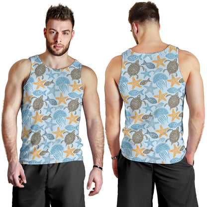Polynesian Jellyfish Turtle Print Men Tank Top