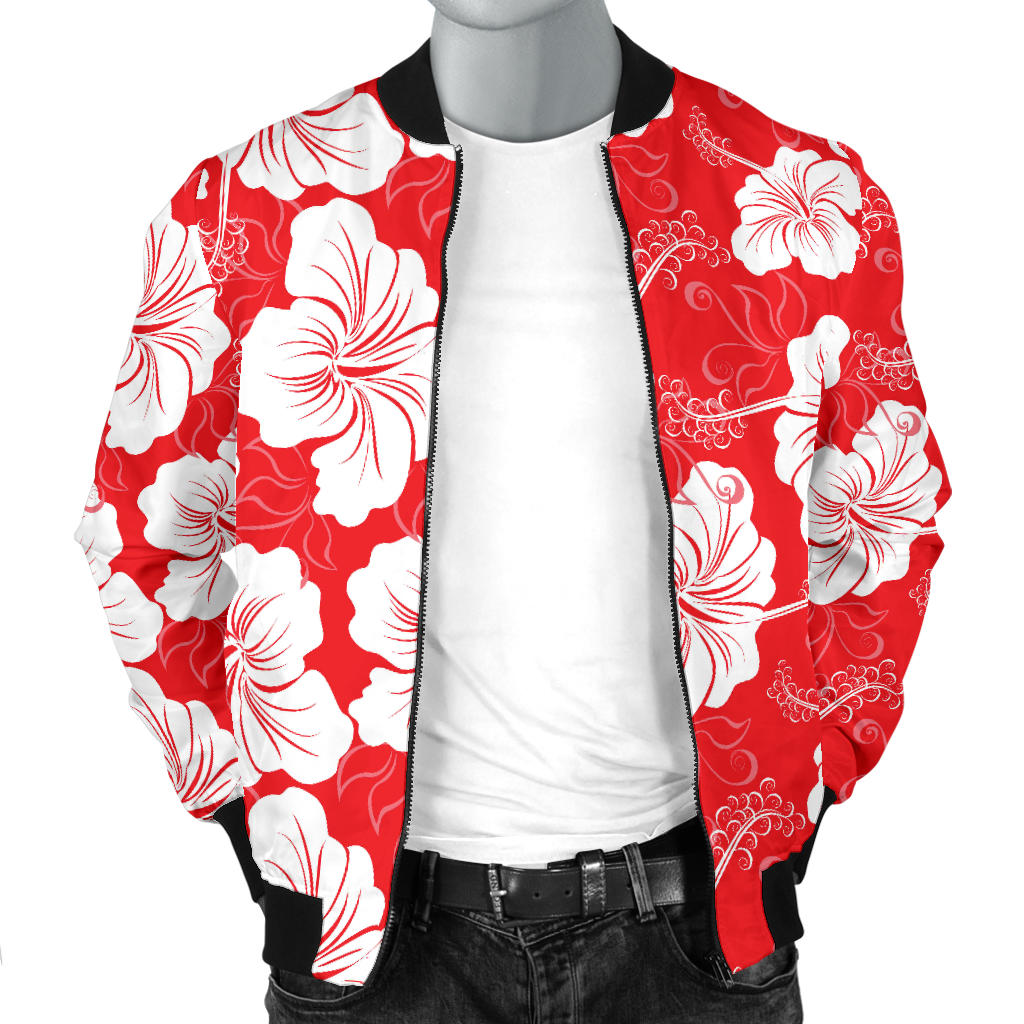 Flower Hawaiian Hibiscus Red Background Print Men Bomber Jacket