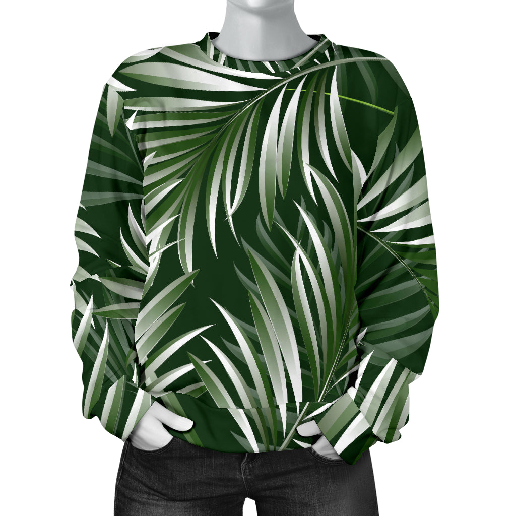White Green Tropical Palm Leaves Women Long Sleeve Sweatshirt