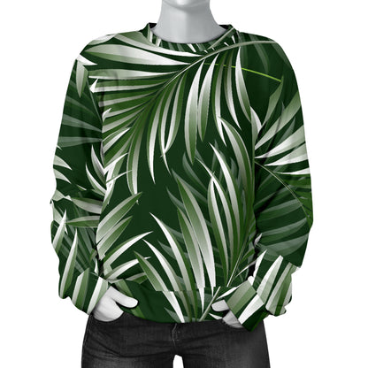 White Green Tropical Palm Leaves Women Long Sleeve Sweatshirt